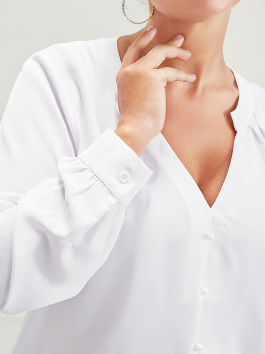 Solid V Neck Fake Button Blouse