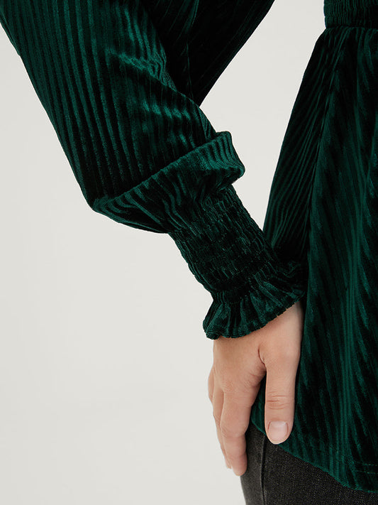 Solid Rib Knit Ruffle Shirred Velvet Blouse