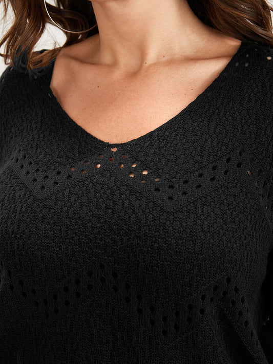 Plain Pointelle Knit Crochet Cut Out Dolman Sleeve Knit Top