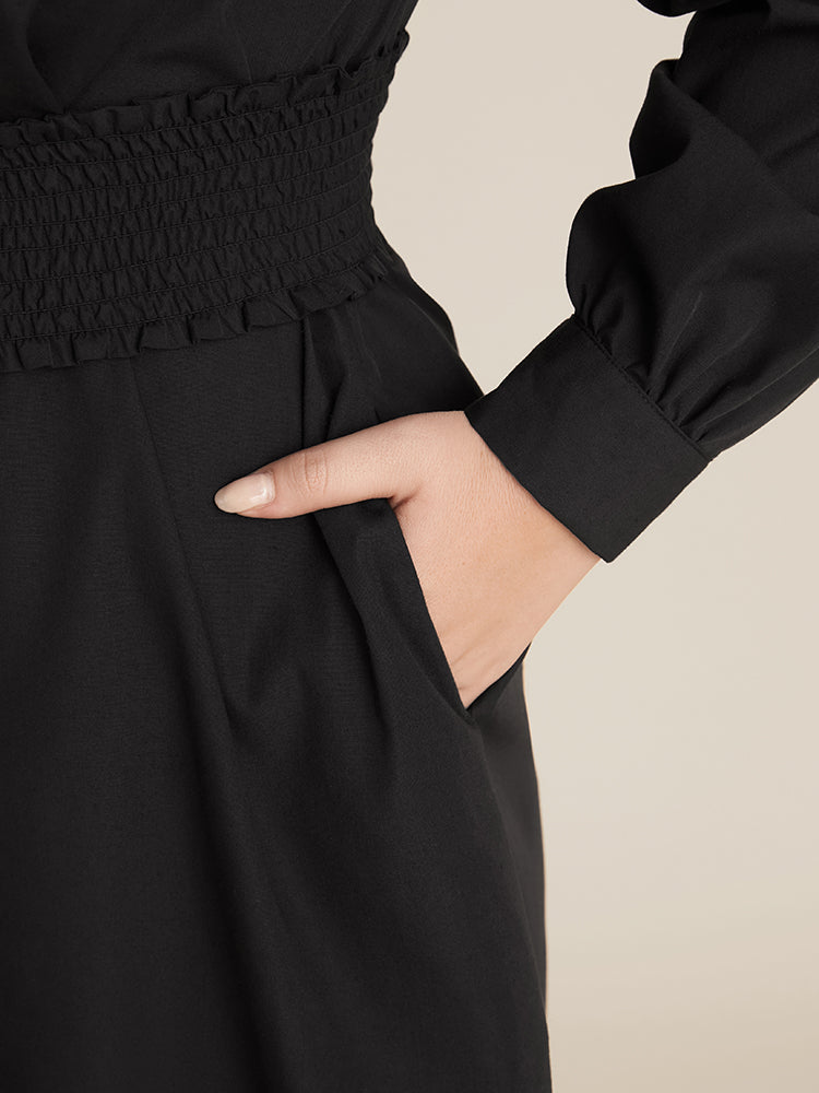 Solid Pocket Button Up Shirred Belted Shirt Collar Dress