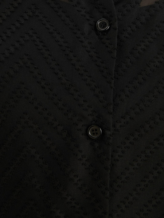 Geometric Mesh Button Up Textured Blouse With Cami Top