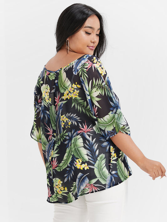 Tropical Print Mesh Dolman Sleeve Blouse