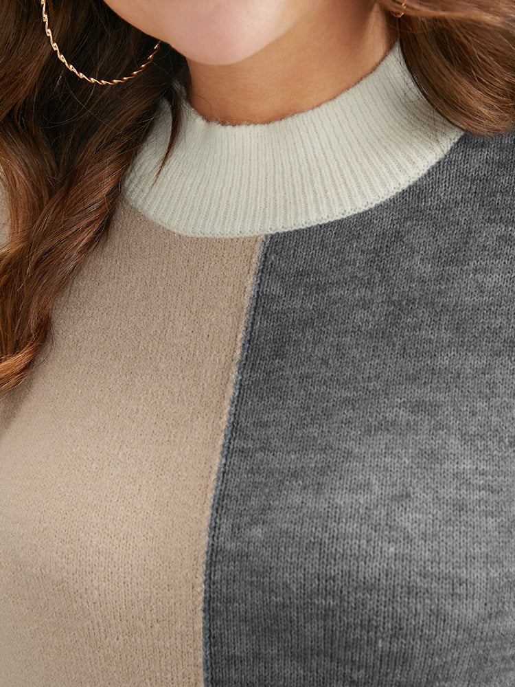 Colorblock Contrast Pointelle Knit Heather Mock Neck Knit Top