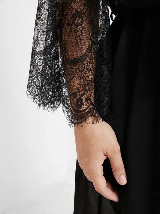 Plain Lace Panel Mesh Belted Sleep Robe