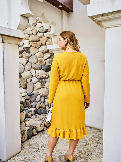 Ruffle V-neck Wrap Solid Color Midi Dress