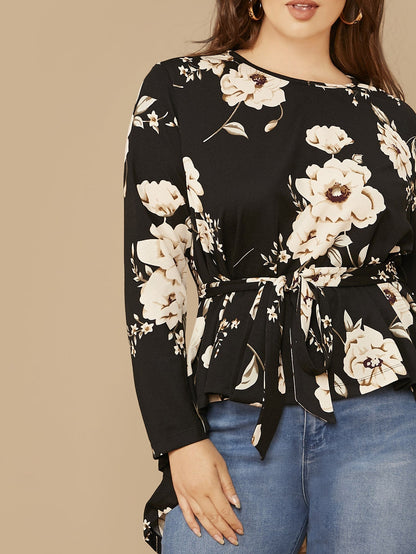 Floral Print High Low Hem Belted Top