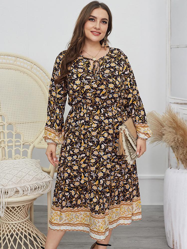 Vintage Floral Printed Elastic Waist Maxi Dress