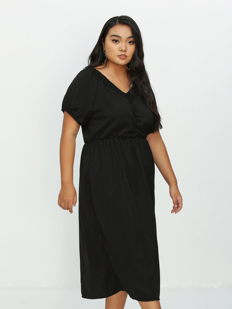 Shirred Short Sleeve Split Hem Dress