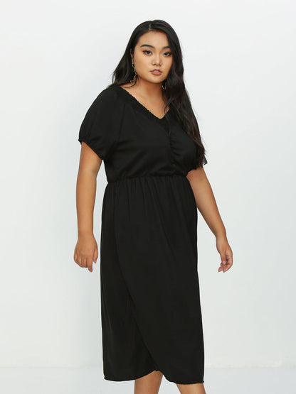 Shirred Short Sleeve Split Hem Dress