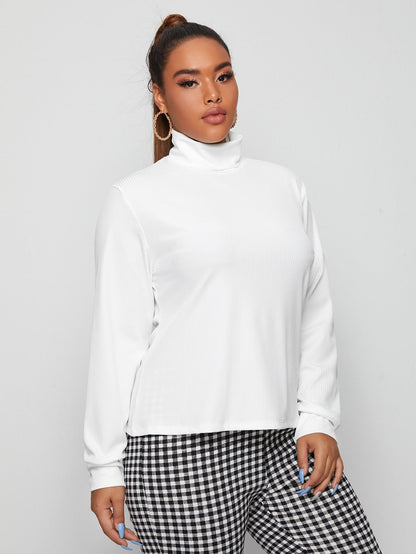 Solid Turtleneck Rib-knit Tee