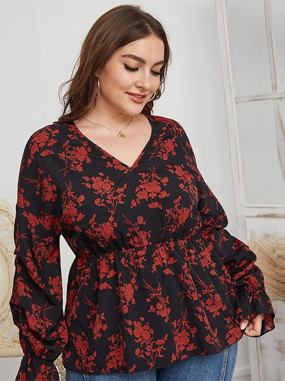 Floral Printed V-neck Tight Waist Blouse