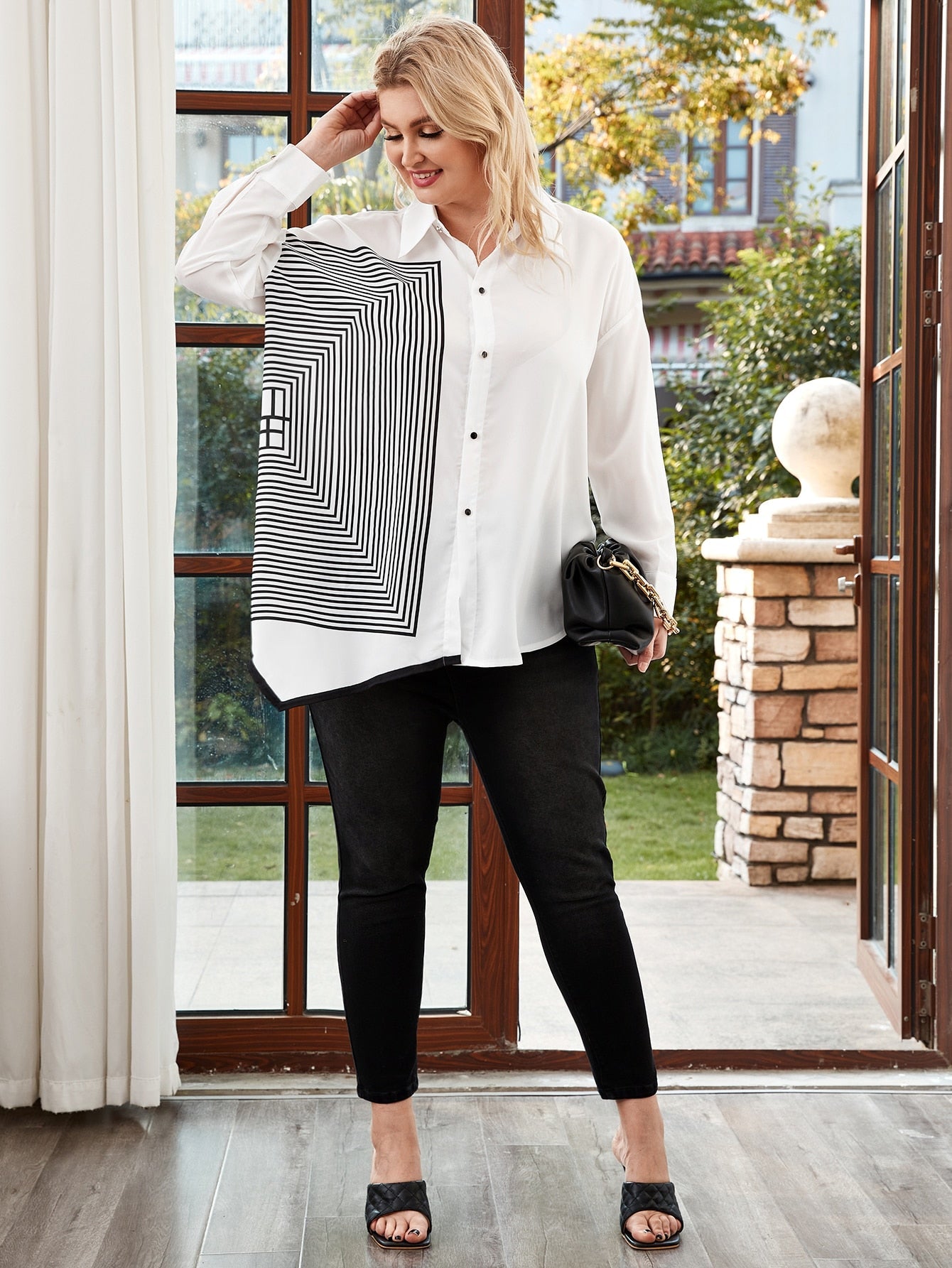 Striped Asymmetrical Hem Button Up Blouse