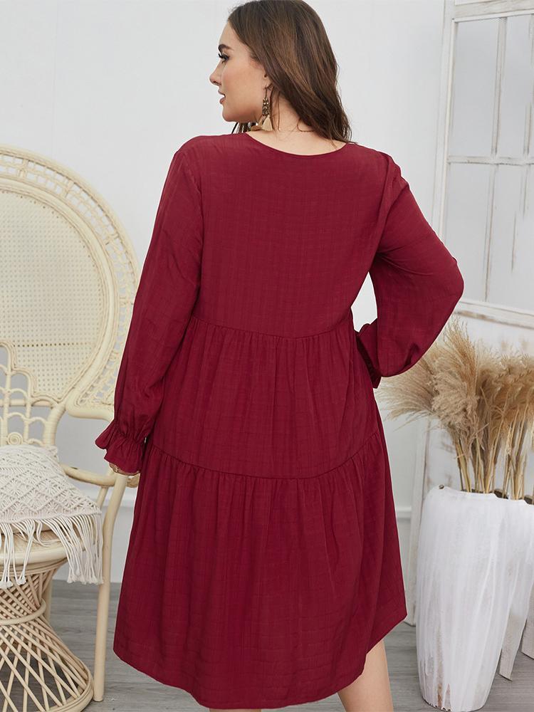 Pleated V-neck Lantern Sleeve Dress