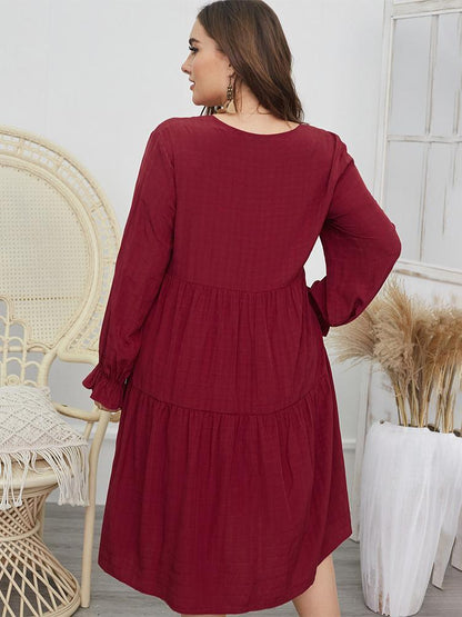 Pleated V-neck Lantern Sleeve Dress