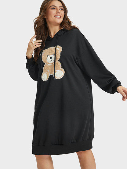 Bear Print Drawstring Hooded Sweatshirt Dress