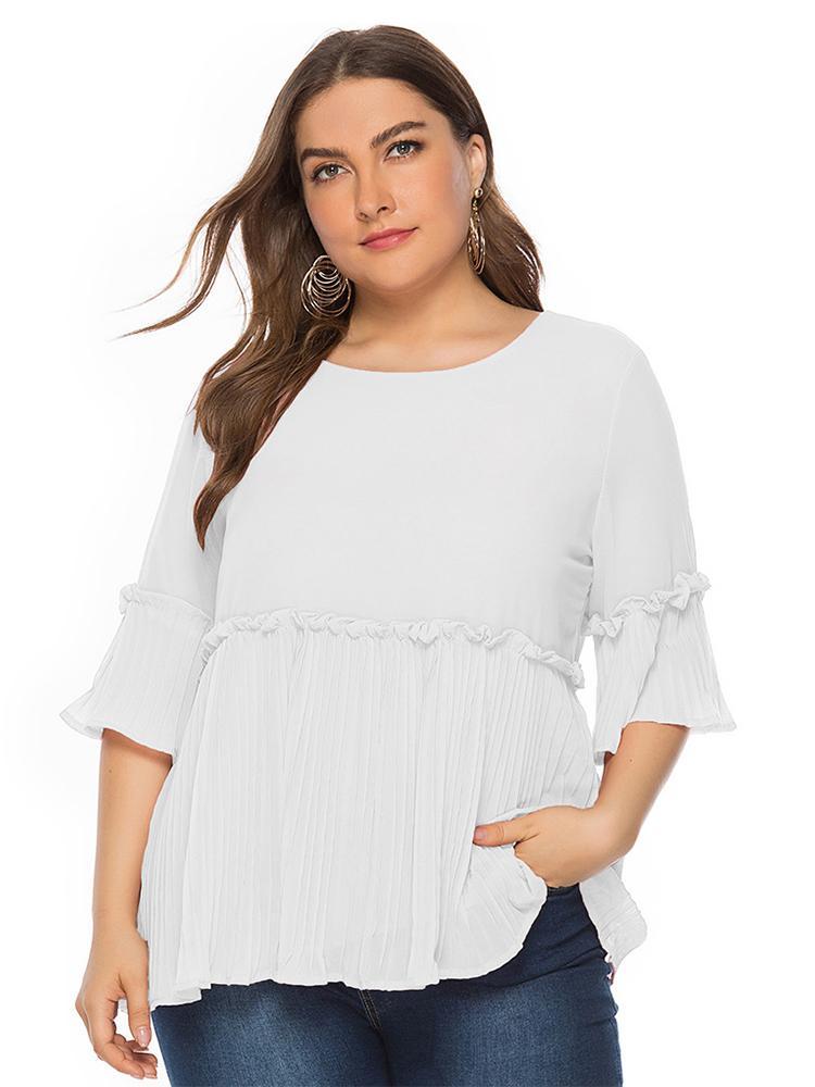 Pleated Hem Solid Color Chiffon T-shirt