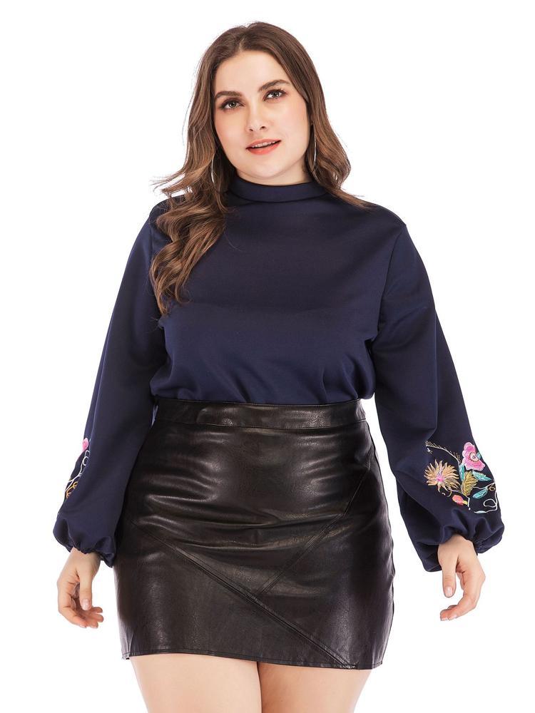 Embroidery Lantern Sleeve Round Neck Top