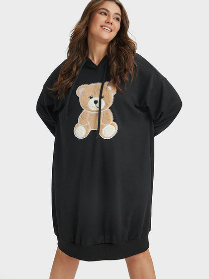 Bear Print Drawstring Hooded Sweatshirt Dress