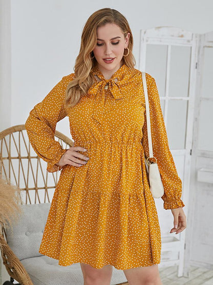 Dot Printed Cravat Pleated Dress