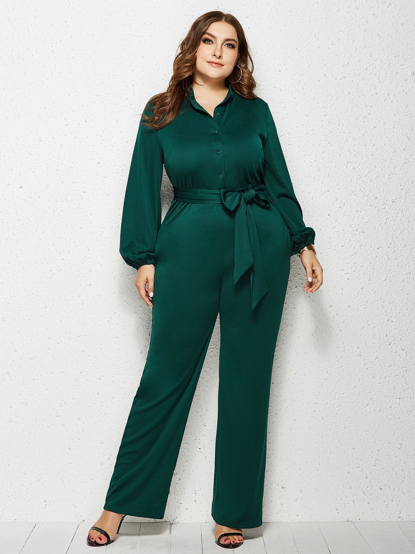 Solid Color Belt Lantern Sleeve Jumpsuits