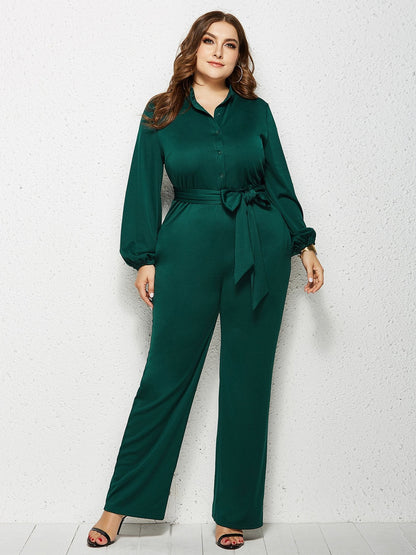Solid Color Belt Lantern Sleeve Jumpsuits