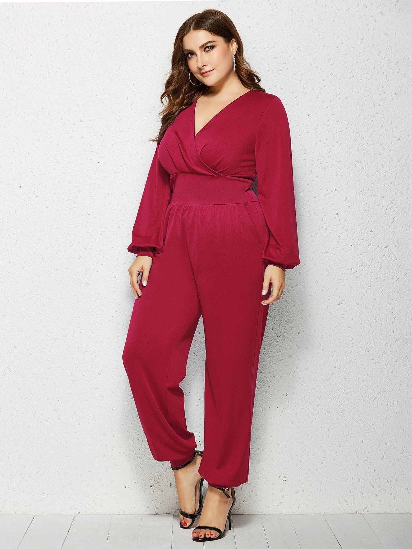 V-neck Wrap Solid Color Jumpsuits