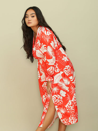 Leaf Slit V-neck Dress