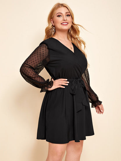 Swiss Dot Surplice Neck Belted Dress