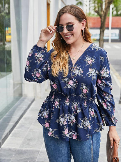 Floral Printed Shirred Waist V-neck Blouse