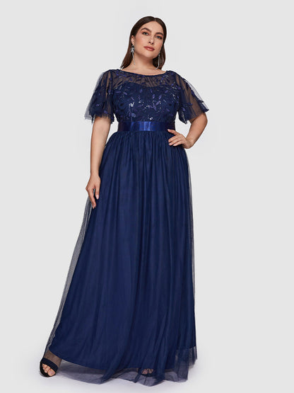 Sequin Plant Pattern Mesh Tiered Dress