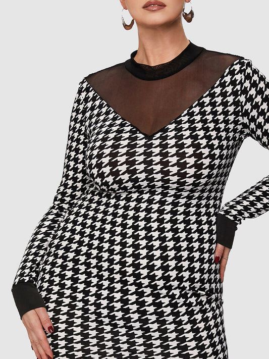 Houndstooth Contrast Mesh Bodycon Dress