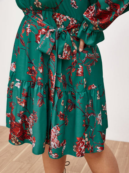 V-neck Lantern Sleeve Floral Dress