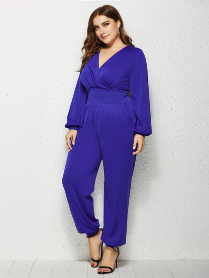 V-neck Wrap Solid Color Jumpsuits