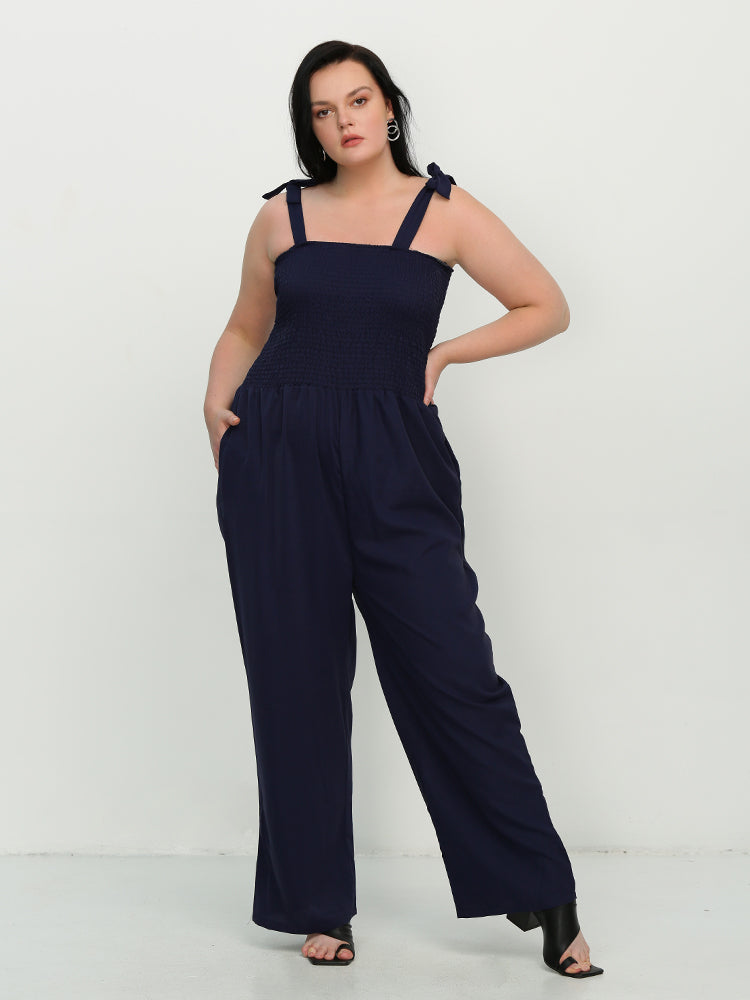 Knotted Shoulder Shirred Jumpsuit