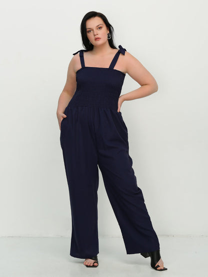 Knotted Shoulder Shirred Jumpsuit