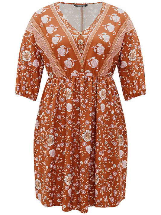 Floral Print Elastic Cuffs Button Detail Dress