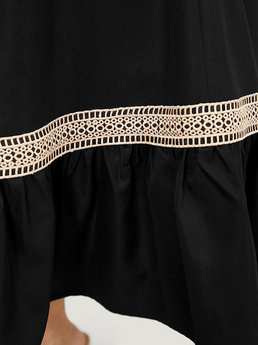 Solid Pocket Ruffle Hem Contrast Lace Skirt