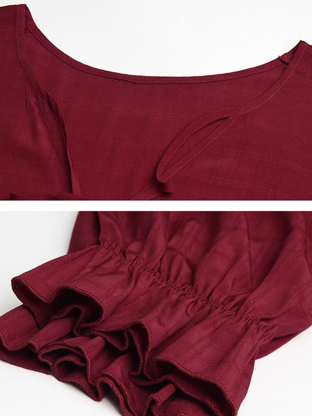 Pleated V-neck Lantern Sleeve Dress