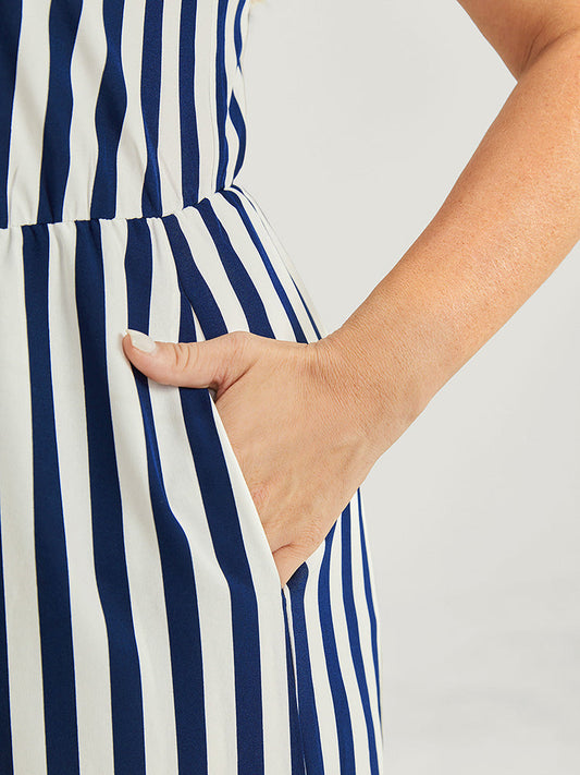 Striped Print Contrast Lace Pocket Knot Tassels Tank Jumpsuit