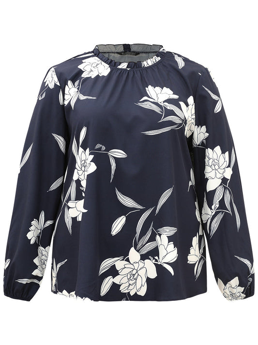 Silhouette Floral Print Frill Trim Pleated Blouse