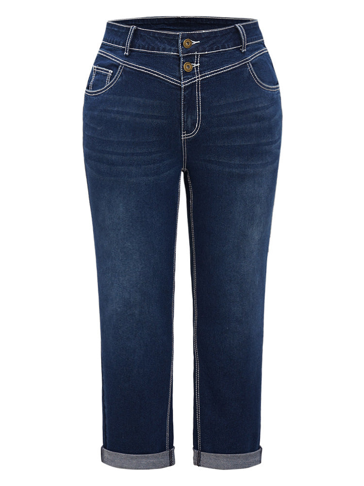 Contrast Stitch Roll Hem Straight Leg Jeans