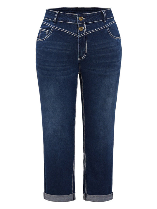Contrast Stitch Roll Hem Straight Leg Jeans
