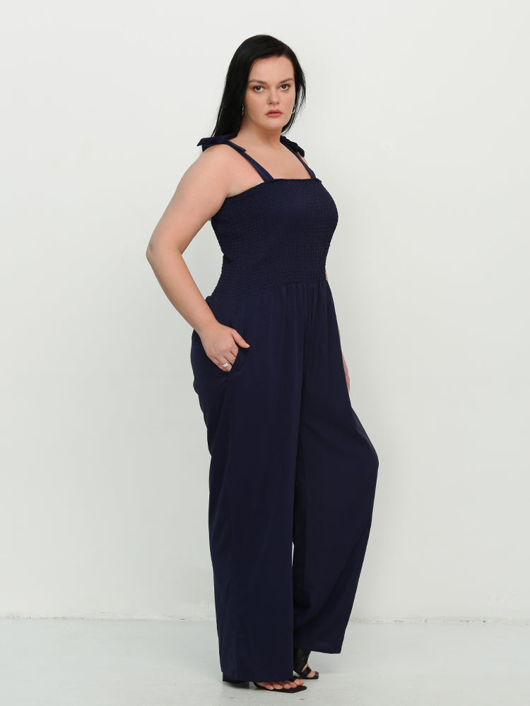 Knotted Shoulder Shirred Jumpsuit