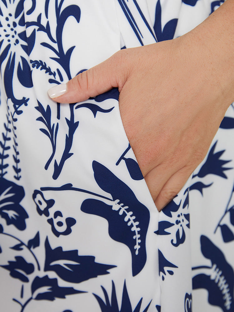 Floral Ruffle Trim Square Neck Shirred Pocket Dress