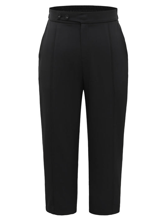 Plain Elastic Waist Pleated Button Detail Pants