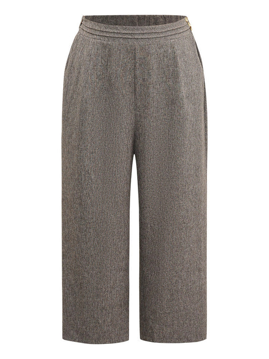Heather Button Detail Straight Leg Pleated Pants