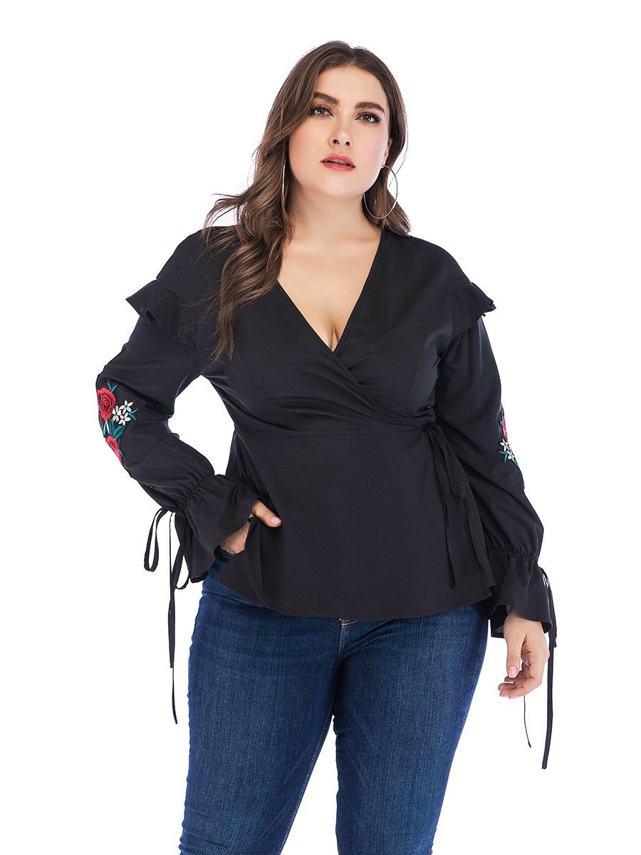 Embroidery Ruffle Sleeve Wrap Blouse