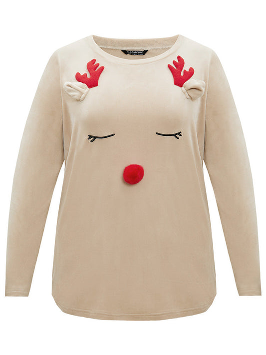 Christmas Elk Fluffy Ball Round Neck Sleep Top