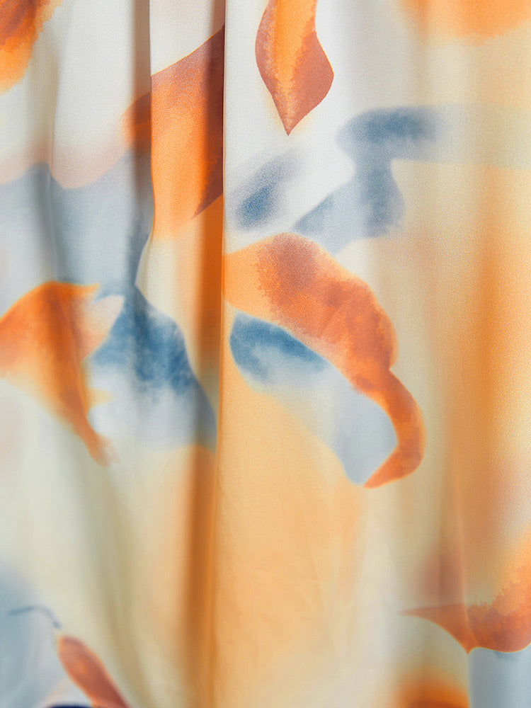 Ombre Print Knotted Keyhole Puff Sleeve Belted Blouse