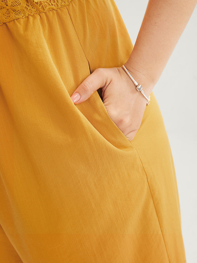 Plain Contrast Lace Pocket Spaghetti Strap Jumpsuit